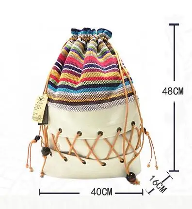 

Original ethnic canvas sack pack lady cotton printed colorful backpack teenage straw string follow out strip bag