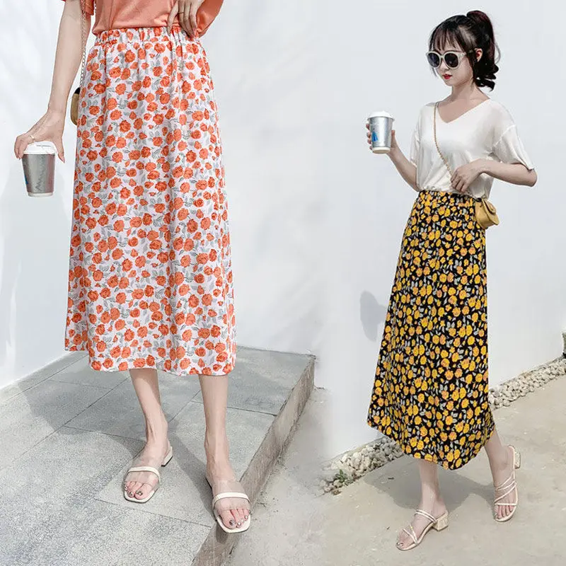 

High Waist Chiffon Skirt Spring and Summer Retro Bohemian Floral Jupe Femme Split Slimming Vacation Straight Skirts Womens r218
