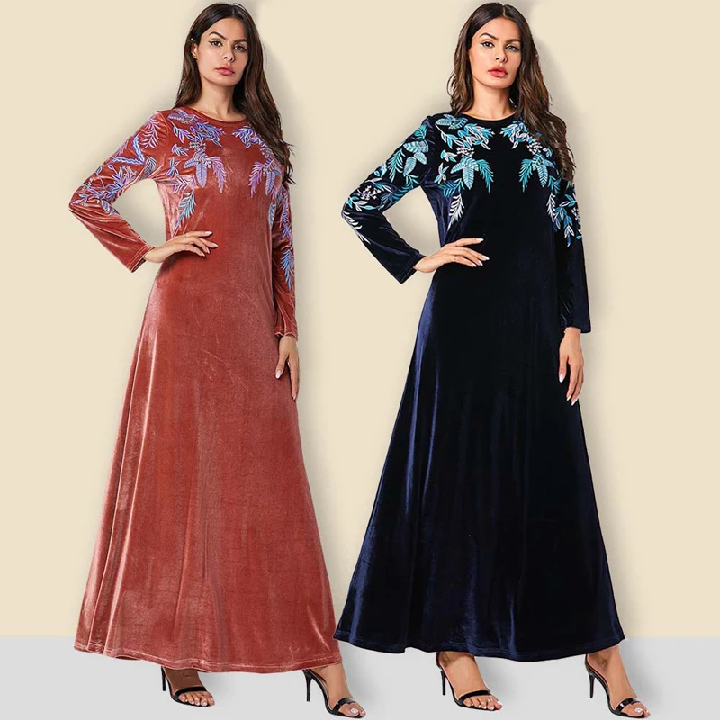 Осенне зимнее мусульманское платье свободного кроя большого размера Золотая