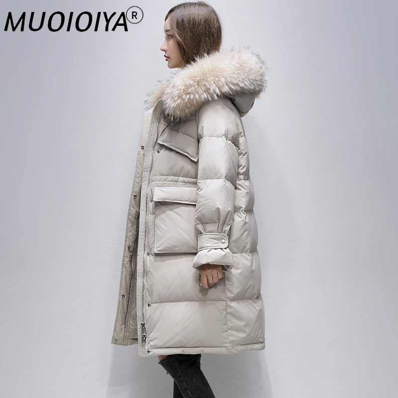 

White Duck Down Jacket Women Winter 2022 Hooded Raccoon Fur Collar Coat Female Warm Thick Parkas Casaco Feminino Gxy287