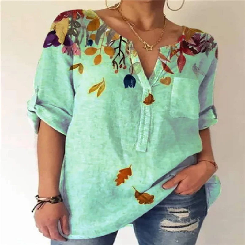 

2021 Women's Clothing Autumn And Winter T Shirts New Fashion Women's V-neck Flower Print Long-sleeved Casual Loose T-shirt