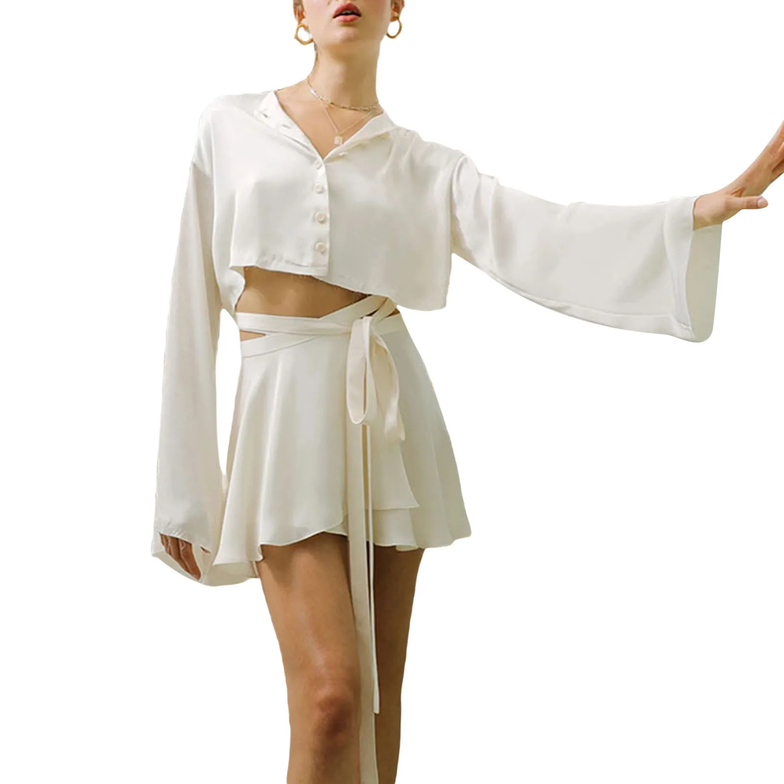 

IMCUTE 2PCS Satin Elegant Cardigan Short Skirt Two-piece Sexy O-neck Smooth Long Sleeve Buttoned Top + Wrapped A-line Skirt