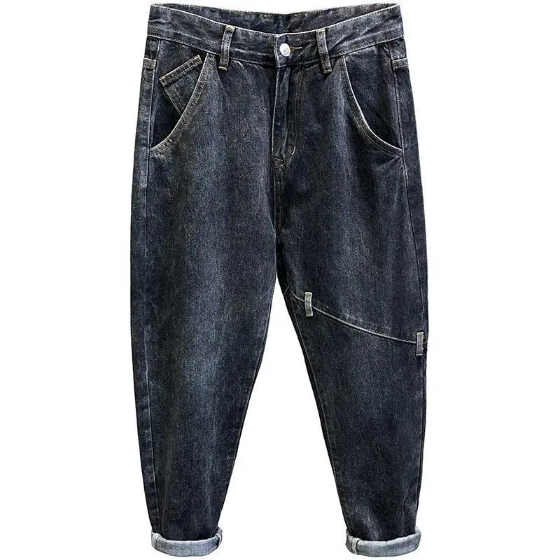 

Fashion all-match retro black gray denim jeans men's loose tapered small straight wide leg Baggy pants spring autumn harem jeans