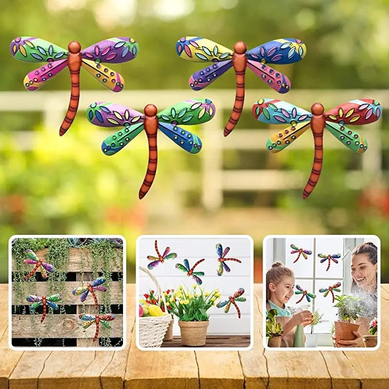 

4pcs Metal Dragonfly Wall Decoration Hanging Sculpture Wall Artwork Garden Decoration Miniaturas Animal Outdoor Statues for Yard