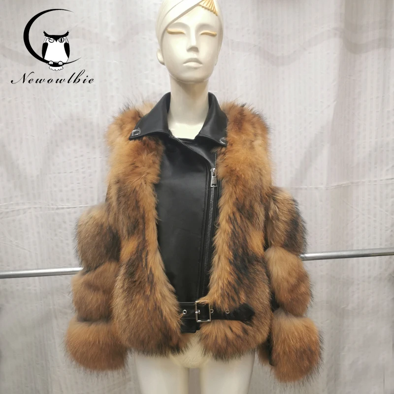 Women Real Raccoon Fur Coats With Sheepskin Leather Whole skin Natural Fox Fur Jacket Outwear Detachable Streetwear Locomotive enlarge