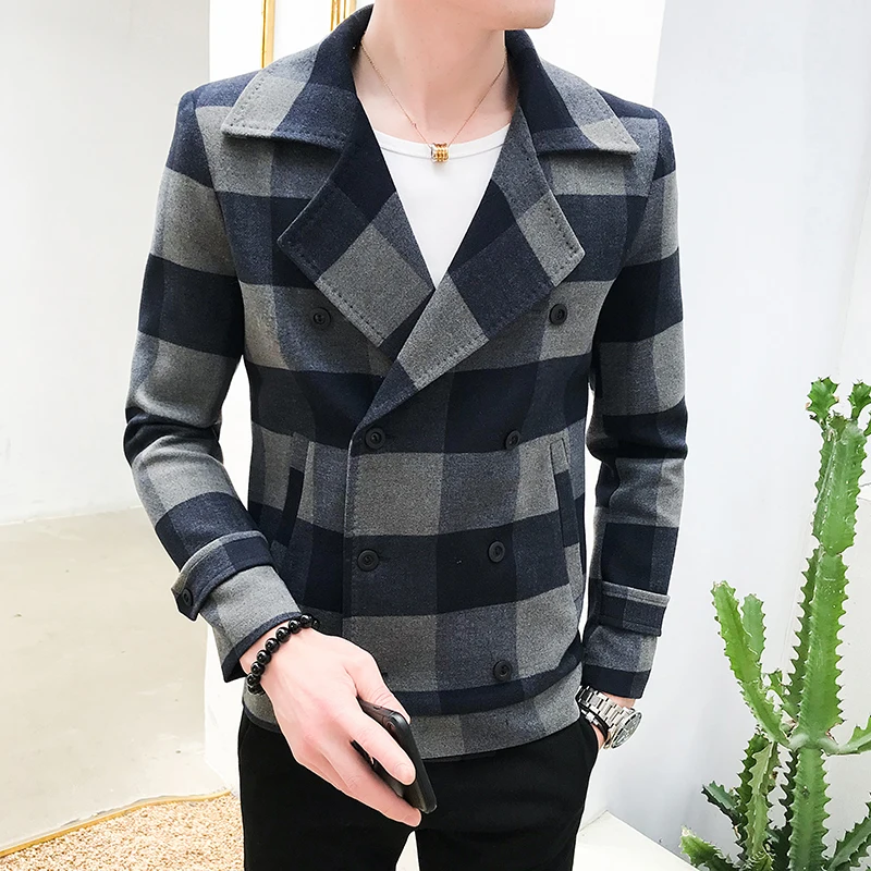 

Mens Coat 2020 New Double-Breasted Windbreaker Fashion Retro Tartan Coat Large Slim Short Coat Men Banquet Party Dress Overcoat