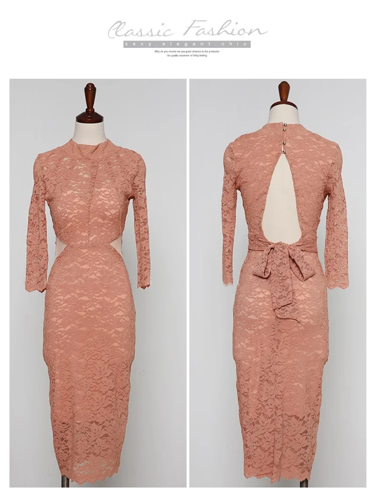 

Spring New Solid Midi Party Vestidos De Mujer Korean Slim Mid-length Sexy Full Lace Backless Bodycon Dress Women