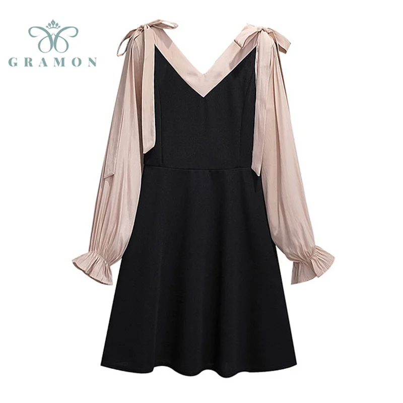 

Party Dress Plus Size Vestido Feminino Fashion V Neck Lace Up Long Sleeve One Piece Mini Dresses For Women 2021 Autumn Clothing