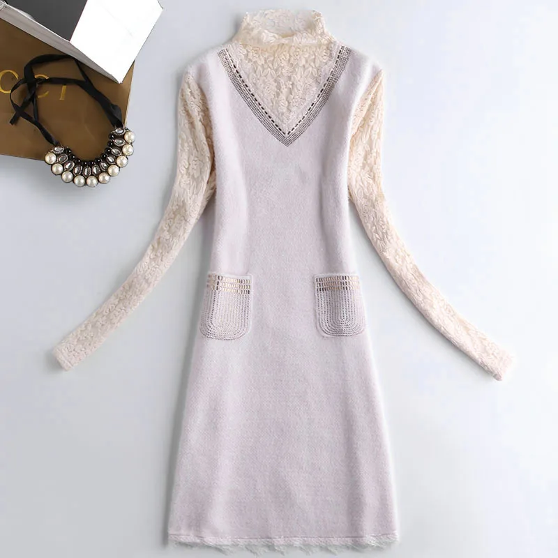 

Женское платье осень-зима 2021, удлиненная бархатная теплая одежда со стразами и кружевом, облегающая женская одежда