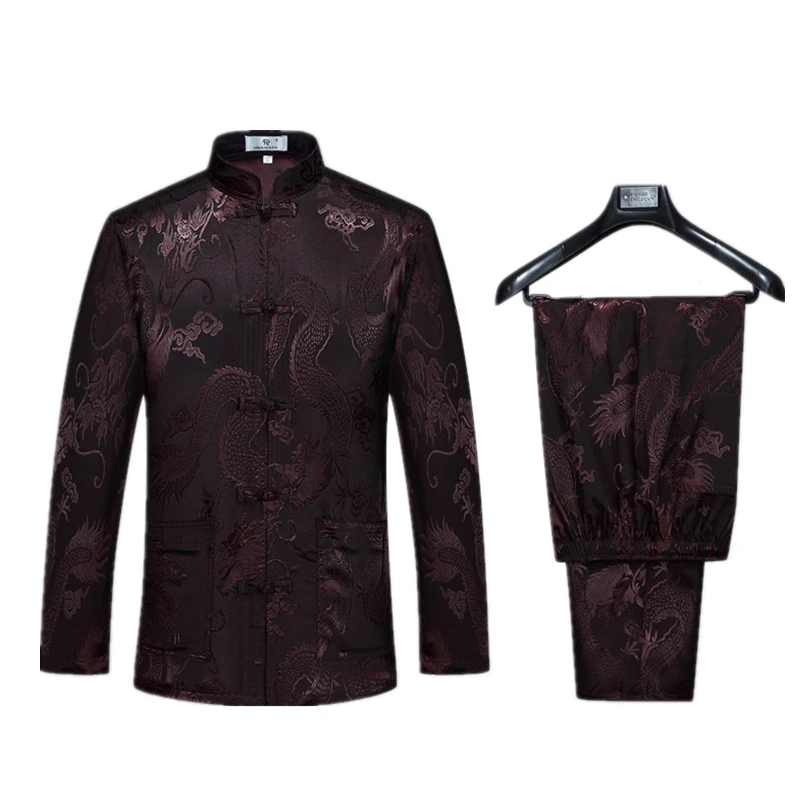 Gray Chinese Dragon Men's Tang Suit Sets Long Sleeve Shirt Long Pants Dragon Kung Fu Suit High Quality Silk Wu Shu Tai Chi Sets - Цвет: B coffee