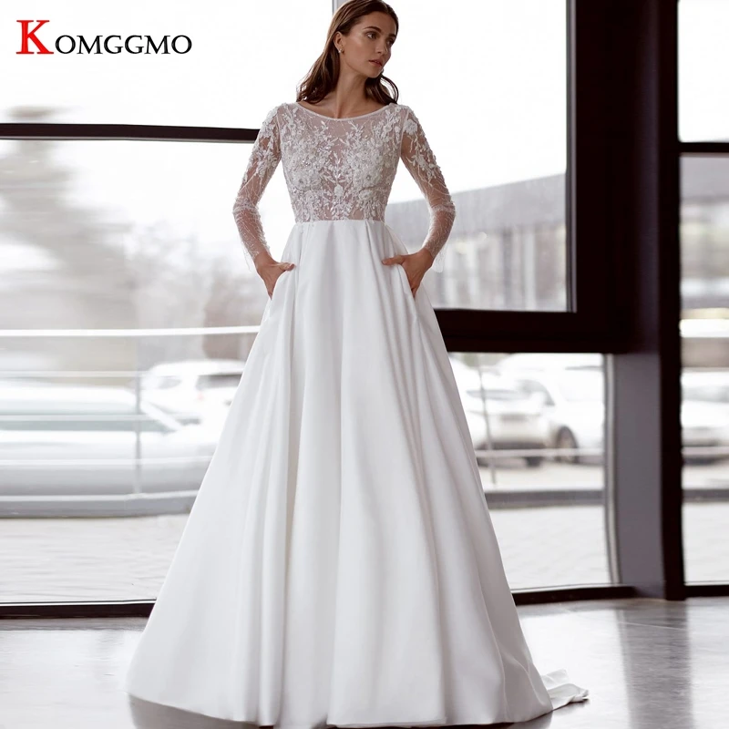 

Индивидуальный заказ с О-образным вырезом с длинными рукавами и вышивкой платье с юбкой из Тюля Свадебное бальное платье Элегантная атласн...