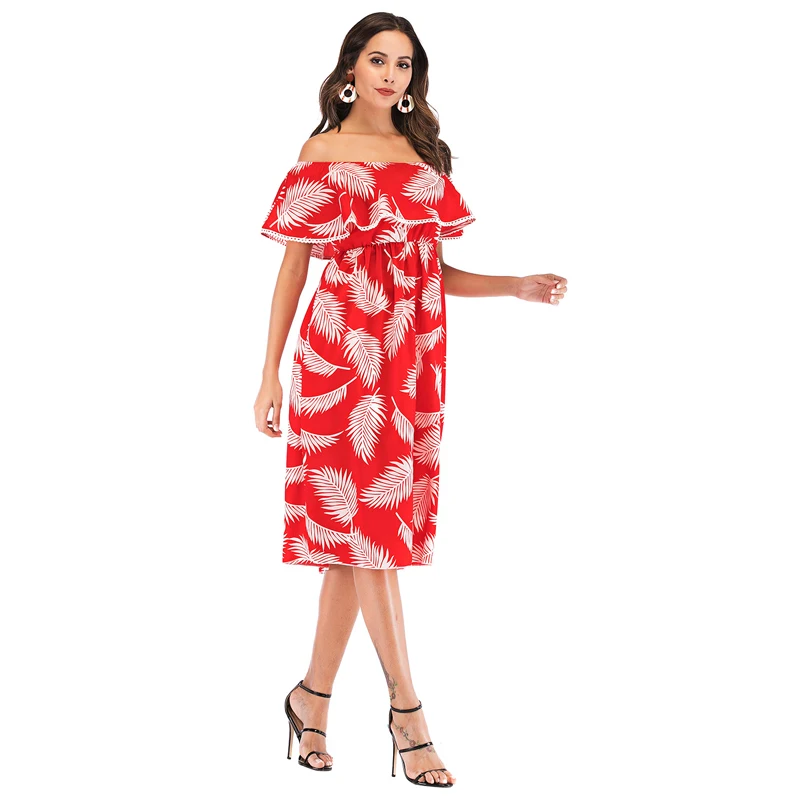 

HaleyChan Women's Dress Plus Size Printed Chiffon Word Shoulder Ruffled Maternity Skirt Dress Elegant Summer Dress Casual Dress