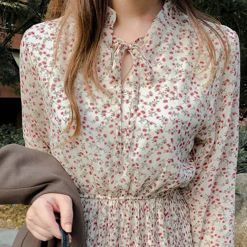 

Spring Autumn Women's Chiffon Dress Stand Neck With Bow Floral Print Ruffles Vestido Long Sleeve Elegant Cute Sweet Party Dress