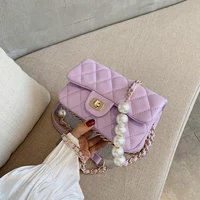 pearl chain solid color leather shoulder crossbody bags for women 2021 fashion female rhombus pattern small square bag