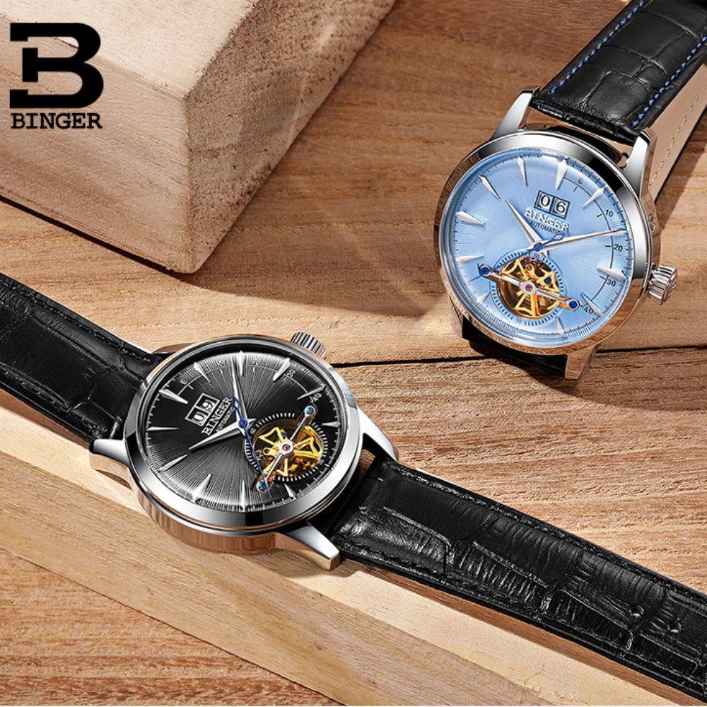 Оригинальные Роскошные мужские часы бренда BINGER с кожаным ремешком