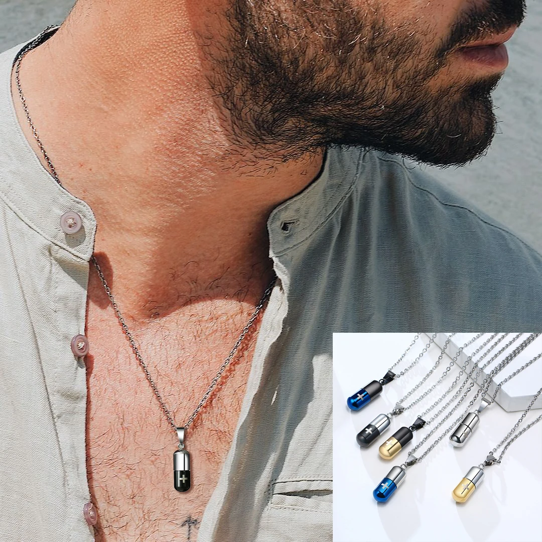 

Men Necklace Hollow Pill Necklace for Men with Stainless Steel Cross Cremation Urn Pendant,Perfume Holder,Ashes Keepsake Jewelry
