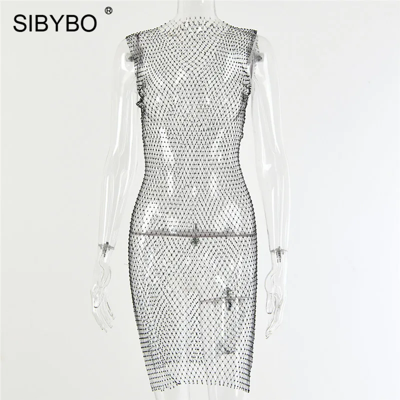 Black Short SIBYBO/сексуальное летнее пляжное платье в сеточку, украшенное бриллиантами, женское облегающее платье без рукавов, вечерние женские платья для ночного клуба - Цвет: Black Short
