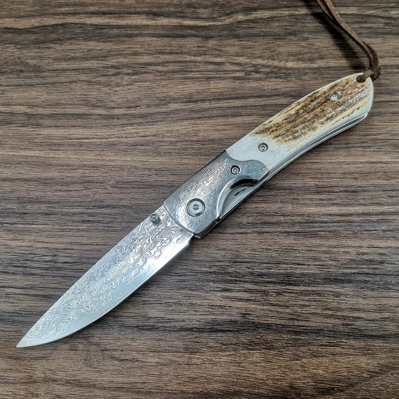 Натуральный ручка Олений Рог складной нож из дамасской стали Сталь Лезвие Отдых