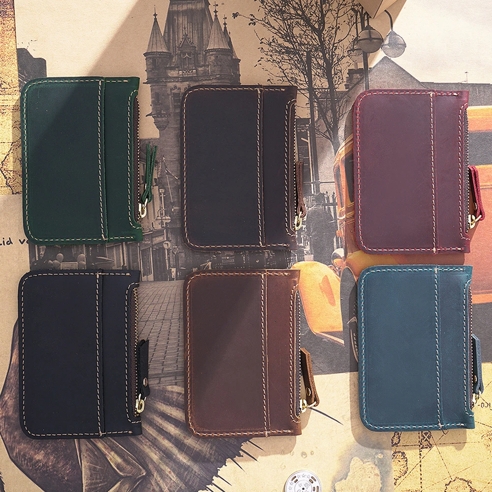 

100 pieces/ Lot 100% Genuine Leather Coin Purse Card Holder Small Wallet Mini Zipper Bag Money Pocket Wallets Card Holder
