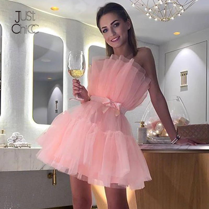Женское Сетчатое платье Justchicc розовое мини с открытой спиной без бретелек