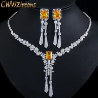 cwwzircons luxury yellow cz stone dangle drop long tassel wedding earrings necklace big dubai bridal dress jewelry sets t375