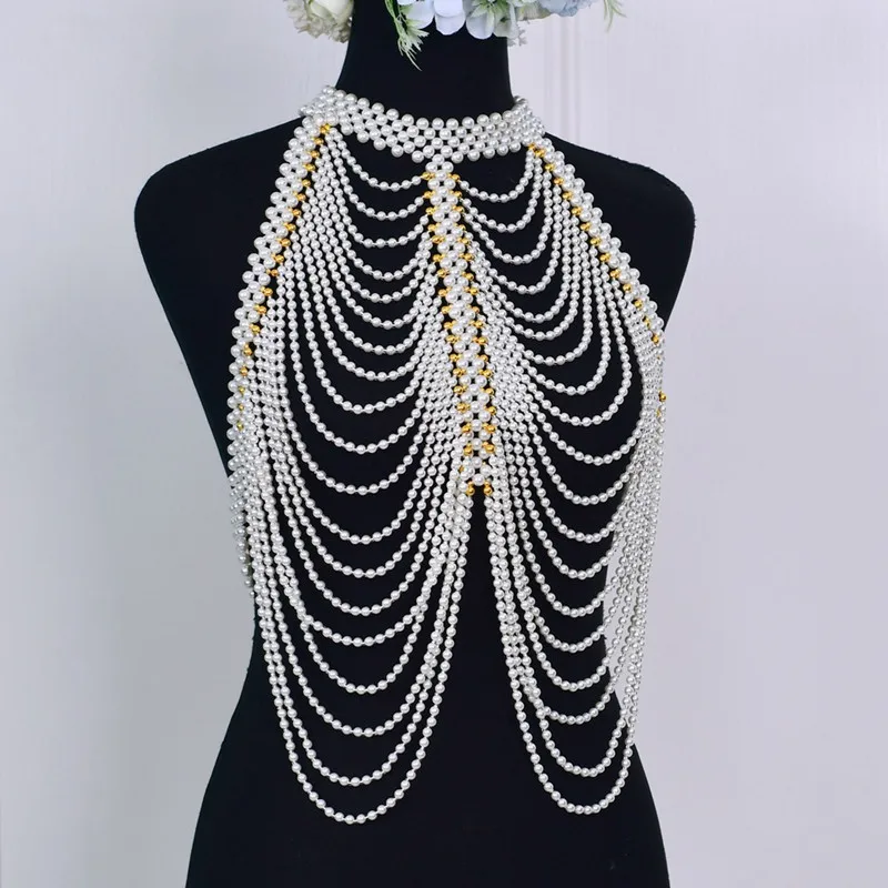 

Bridal Luxury Pearl Wedding Cape Lady Retro Prom Evening Shawl Elegant Noble Party Beaded Shrug Gorgeous Body Chain