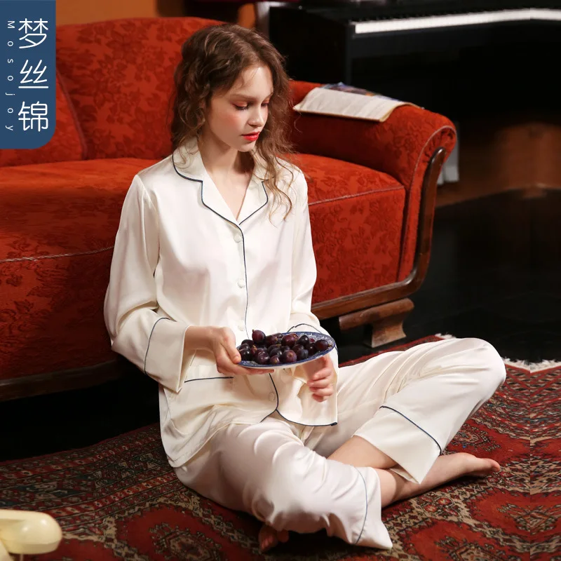 

plus size simulation silk pajamas home two-piece suit lapel long-sleeved cardigan couple tops stretch waist trousers comfortable