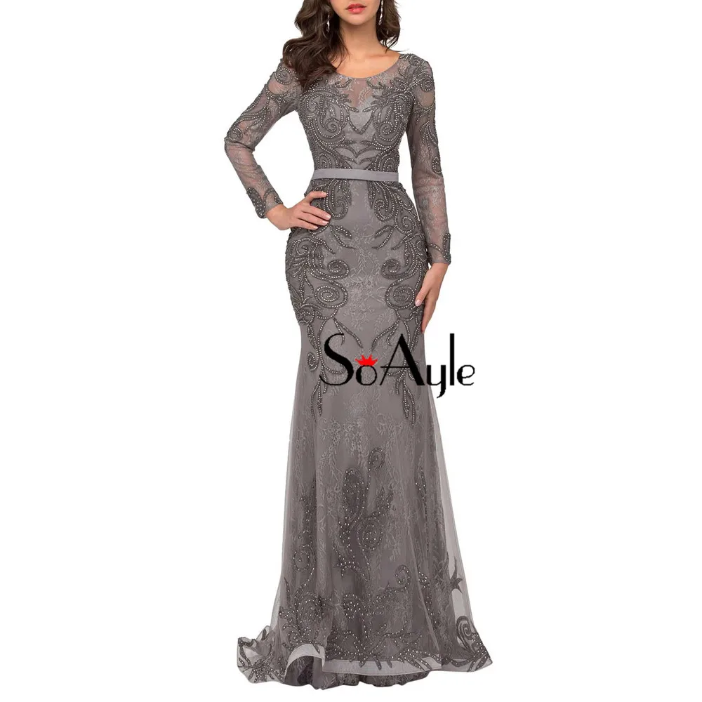Платье SoAyle Luxury Beaded Gray Lace вечернее платье O-образный вырез длинный рукав Русалка плюс размер Арабские платья Дубай.
