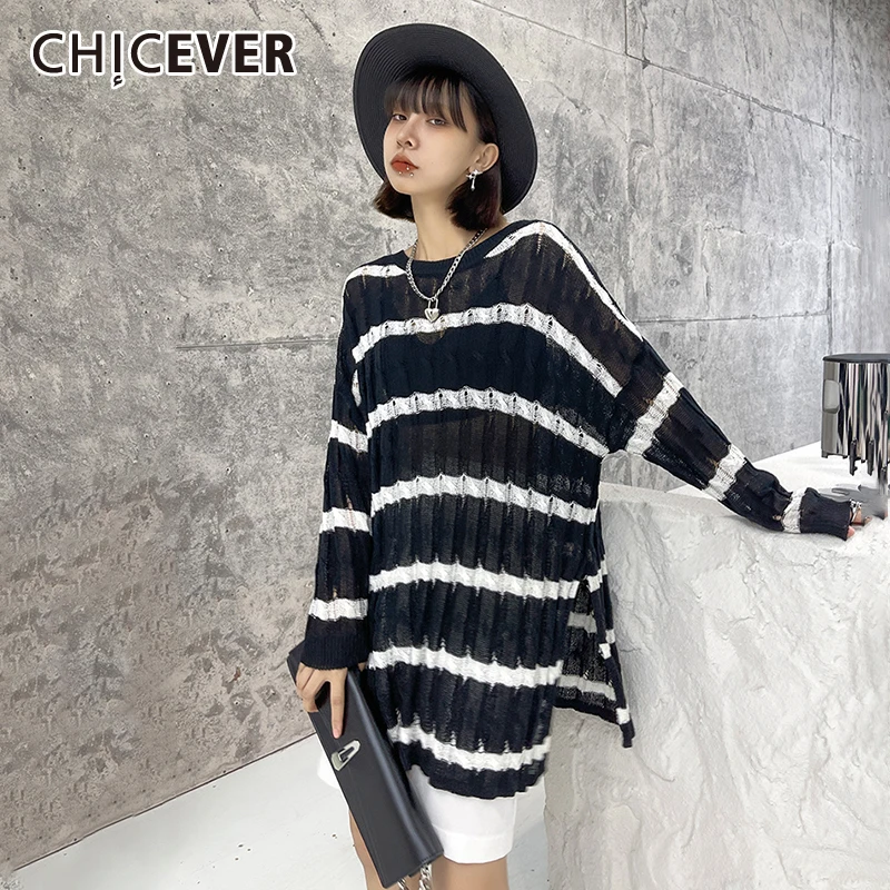 

CHICEVER корейский модный свитер в полоску с цветными блоками для женщин, круглый воротник, длинный рукав, свободные свитера, женская одежда, ве...