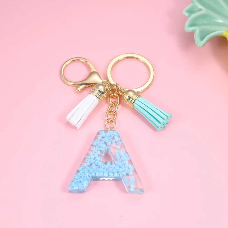 

New Fashion A-Z English Letter Keychain With Tassel Blue Keyring Glitter Mini Beads Filling Resin Key Chain Gifts Accessories