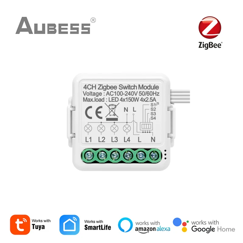 AUBESS Tuya Zigbee Smart Light Switch Module 1/2/3/4 Gang With 2 Way Control Smart Home Auto Breaker Work With Alexa Google Home