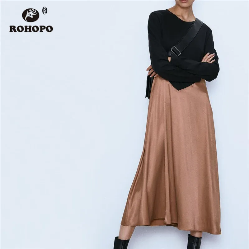 ROHOPO круглый воротник длинный рукав миди футболка платье пэчворк контрастный