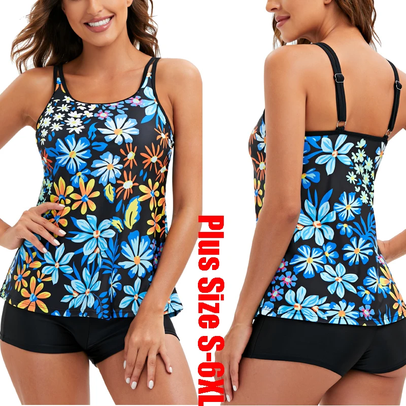 

2022 New Plus Size Beach Suit Large Size 5XL 6XL Women Summer Flower Printed Swimwear Swimsuit Padded Tankini Beachwear