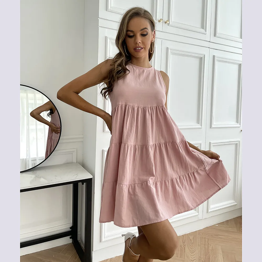 

2021 Summer Women Vest Dress Cotton O-Neck Sleeveless Solid Mini Dress Ruffles Patchwork Large Big Casual Loose Sundress Vestido