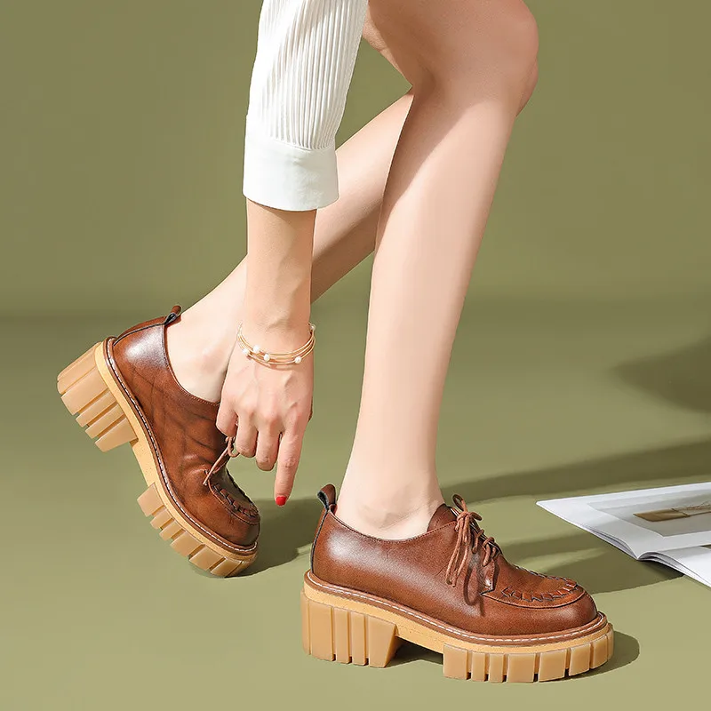 

MORAZORA 2021 Women Pumps Fashion Lace Up Ladies Casual Shoes Genuine Leather High Heels Shoes Simple Round Toe Platform Shoes