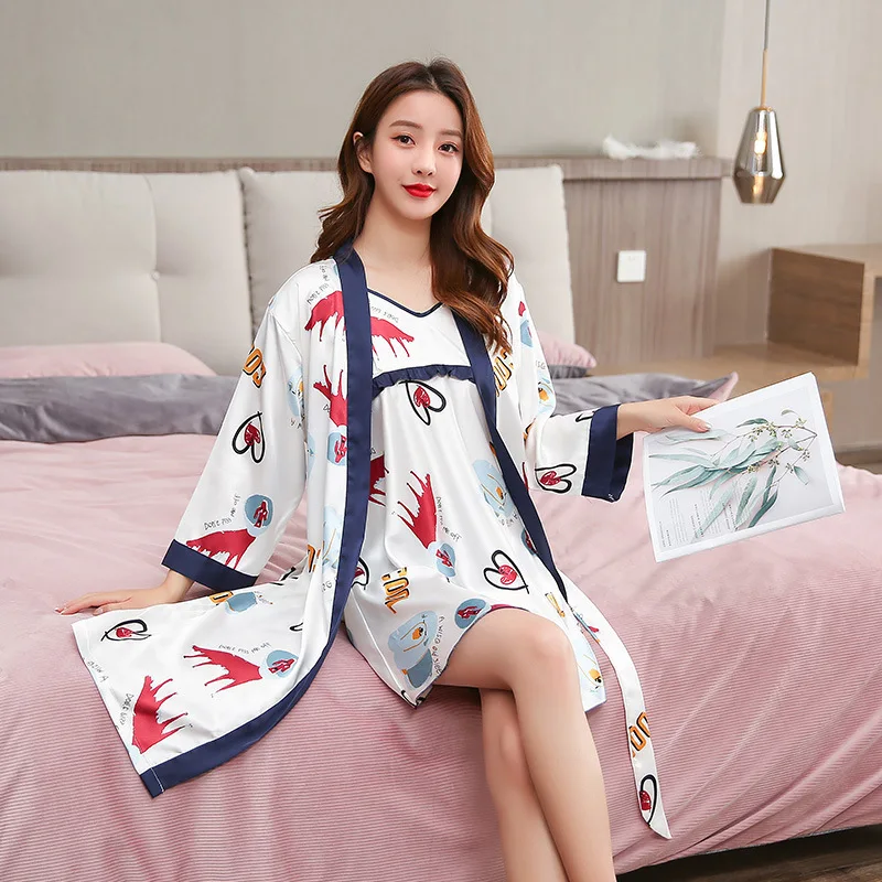 

Women Silk Robe Gown Set Sexy 2 Pieces Lounge Set Satin Print Flower Sleepwear Robe Ladies Nightwear Solid Nightdress
