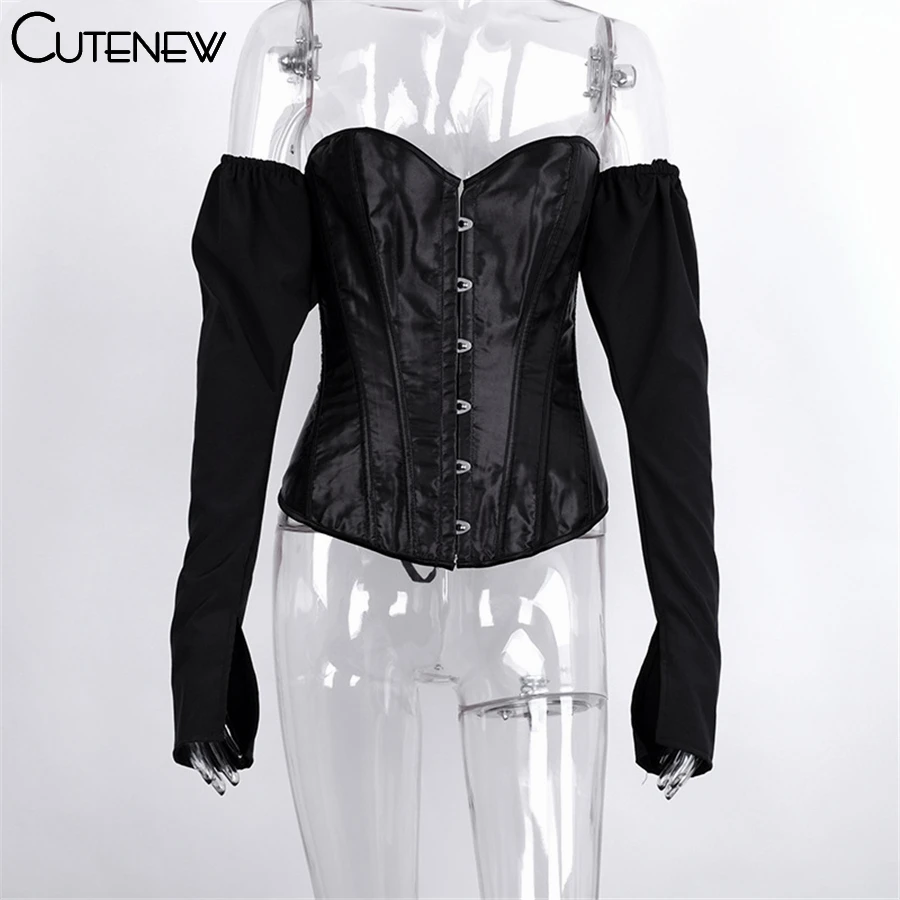 

Cutenew French Romance Off Shoulder One Word Collar Women T-Shirt 2021 Spring New Elegant Long sleeve Strapless Lady Streetwear
