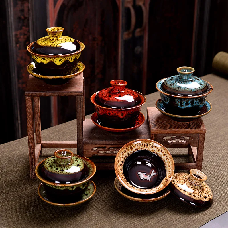 Китайский чайный сервиз Gaiwan для рыбы кунг фу меняющий печи Gai wan многоцветная