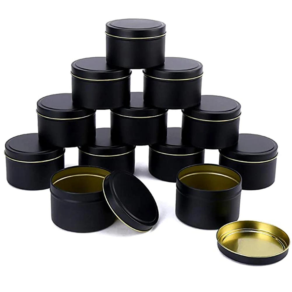 12 Pack 4/8oz Candle Tins Black Gold Silver Metal Candle Tins for Making Candles Bulk Round Candle Jars Containers Storage Gift