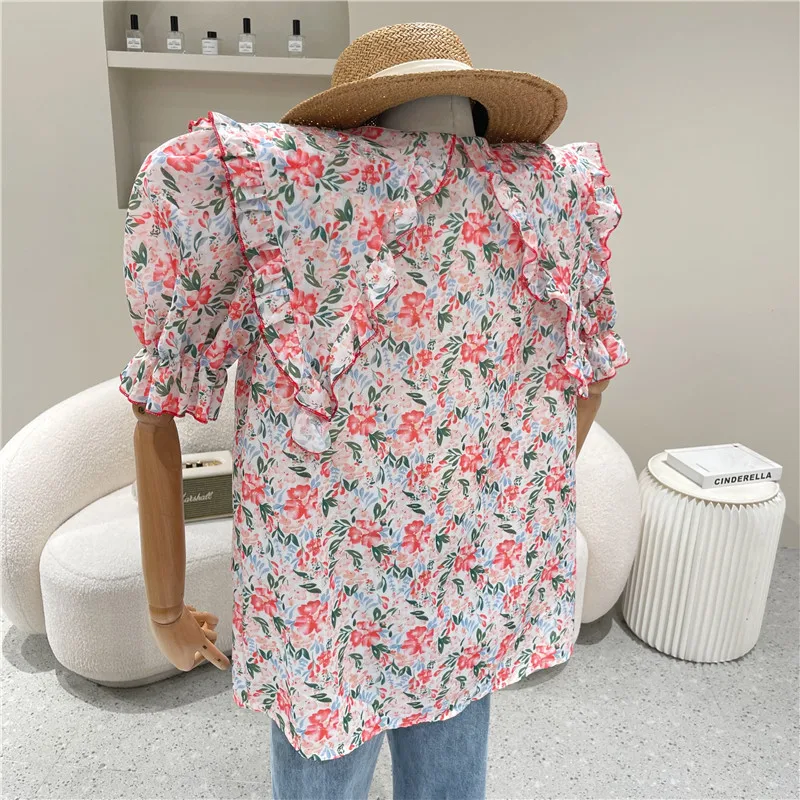 

New Women's Clothing Summer 2021 Fashion Design sense Puff sleeve Sweet floral shirt Top