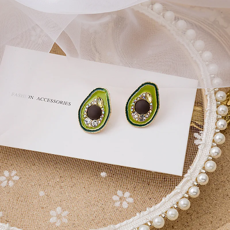 Wholesale Korean Fashion Shiny Rhinestone Avocado Big Earrings for Women 2022 Summer Green Oil Fruit Statement Brincos | Украшения и