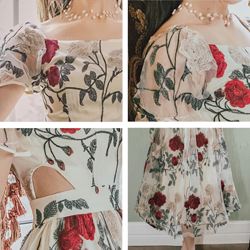 

Trytree 2020 Summer Woman Dress Casual Square Collar Puff Sleeve Embroidery Flower Vintage Fashion Elegant A-line Dress