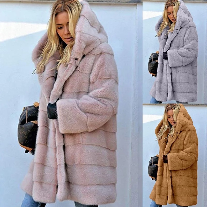 

Mid-length solid color loose plush hooded coat faux fur autumn and winter warm jacket