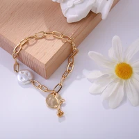 baroque pearl thick chain charm bracelet for women vintage flower wafer pendant bangles bride jewelry gift