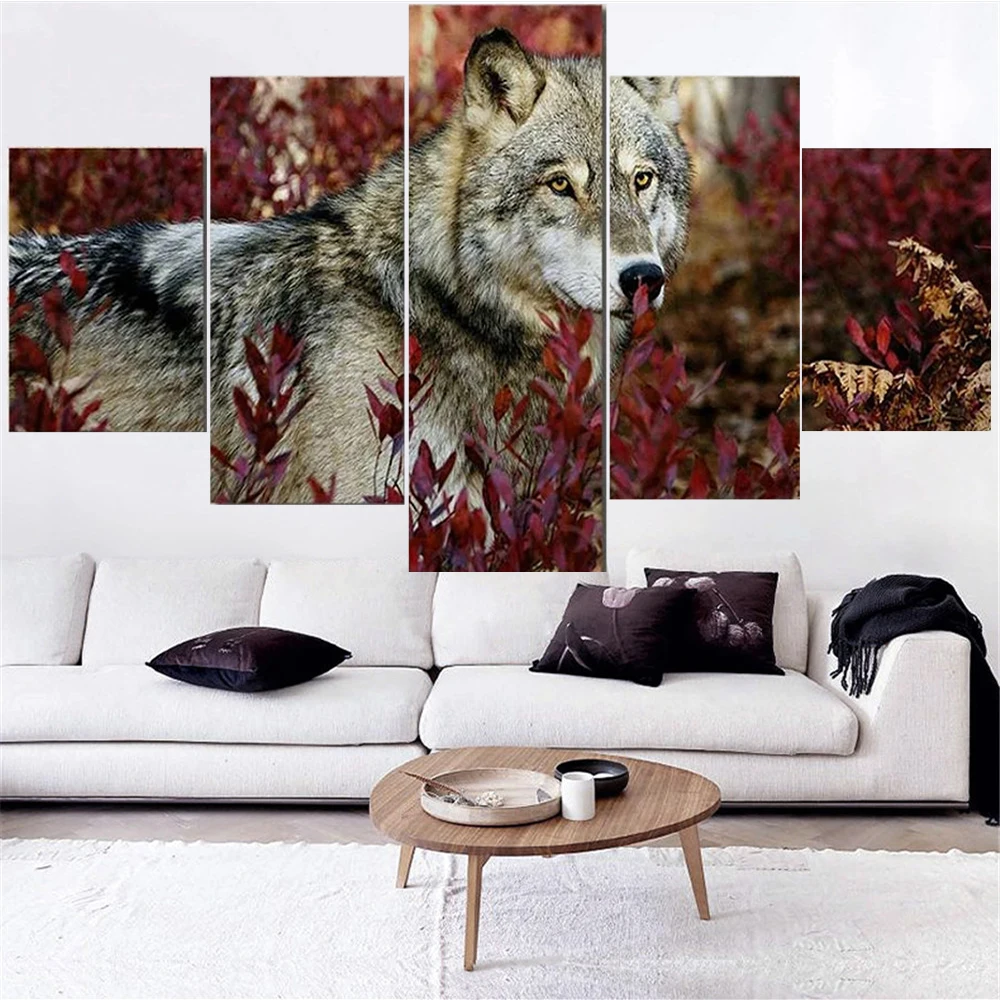 

5 Pieces Wall Art Canvas Painting Wild Animal Poster Wolf In The Grass Modern Home Decoration Modular Living Room Pictures