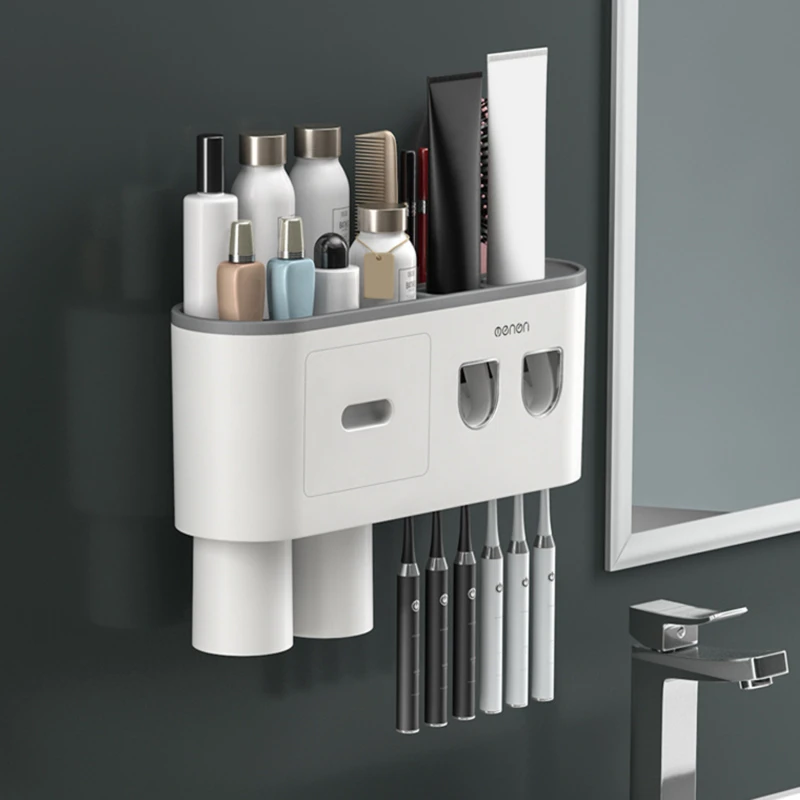 Dispensador autom&aacute;tico de pasta de dientes para pared, soporte para cepillos de dientes, taza invertida de adsorci&oacute;n magn&eacute;tica, estante de almacenamiento, accesorios de ba&ntilde;o-5
