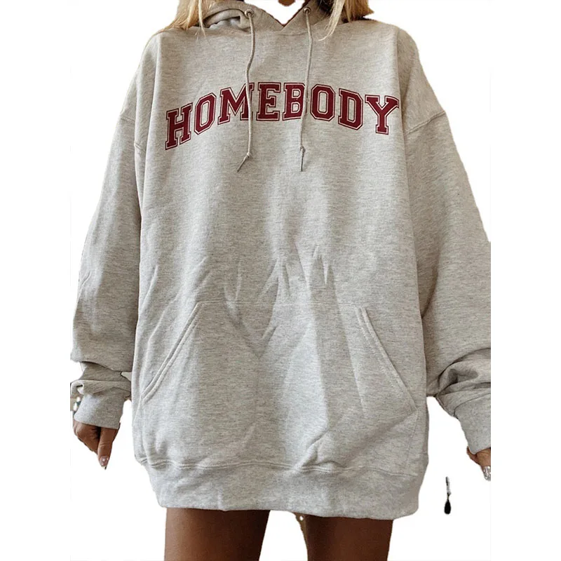 

Gray Letter Print Oversized Hoodies Women Loose Vintage Pullover Casual Brand Fashion Streetwear Long Sleeve Tops England Style