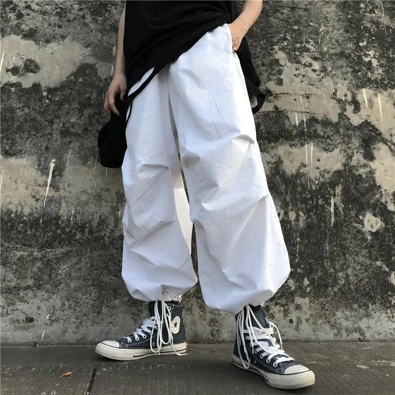 

Harajuku wide leg pants Korean style elastic waist pockets loose solid Women's Clothing high Capris casual full length bf