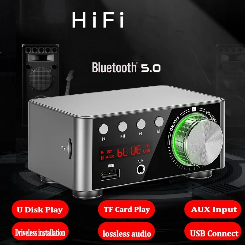 

50Wx2 Mini 100W Bluetooth 5.0 Power Amplifier Hi-Fi 2.0 Channel TF USB
