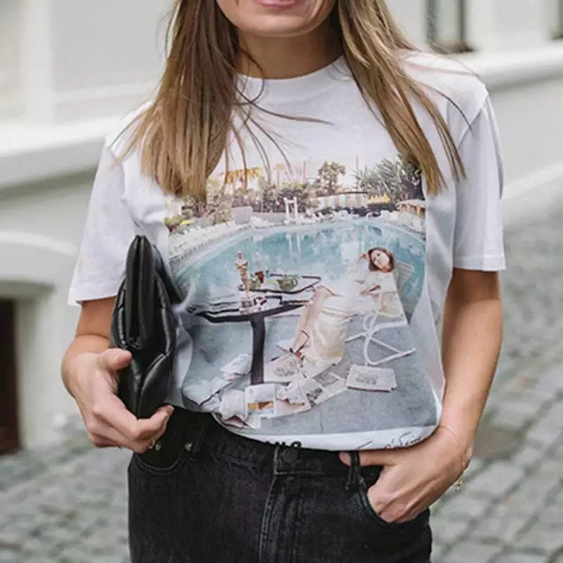 

Character Letter Print Vintage Cotton White Graphic T Shirts Women Short Sleeve Y2k Aesthetic Casual T Shirts Femme 2021 Summer